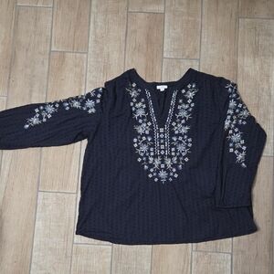 J. Jill Navy Blouse with Embroidery